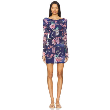 Agua Bendita Hadley Fairytales Mesh Mini Dress Navy Floral Long Sleeve L