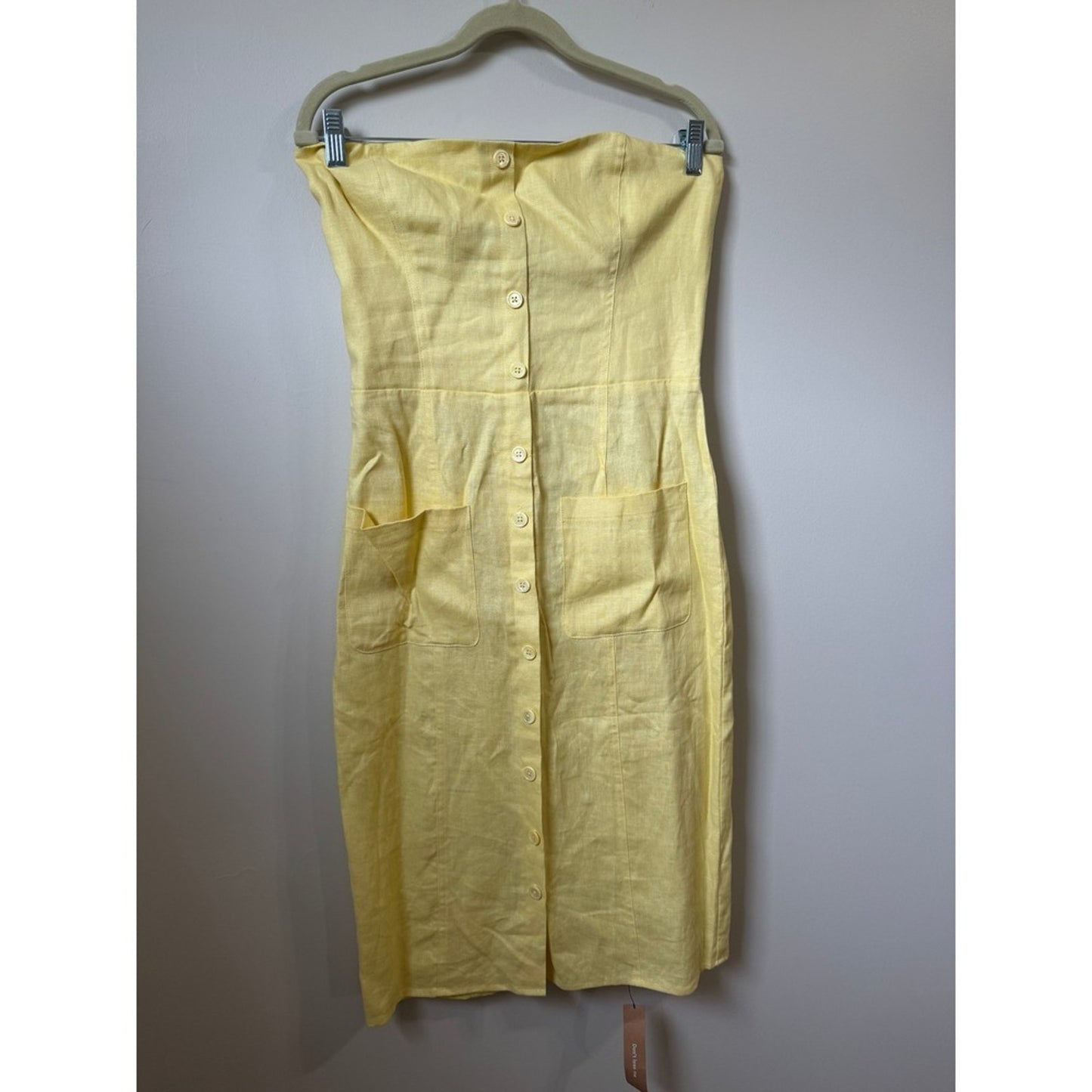 Reformation Prescott Linen Blend Strapless Midi Dress Pale Yellow Button Back