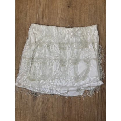Show Me Your Mumu White Beaded Fringe Mini Skirt Bridal Bachelorette Party Large