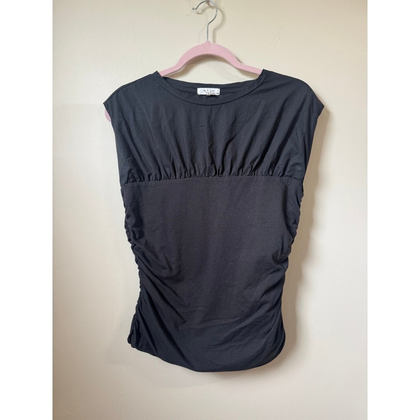 Rag & Bone Black Ruched Sleeveless Top Crew Neck Cap Sleeve Size M