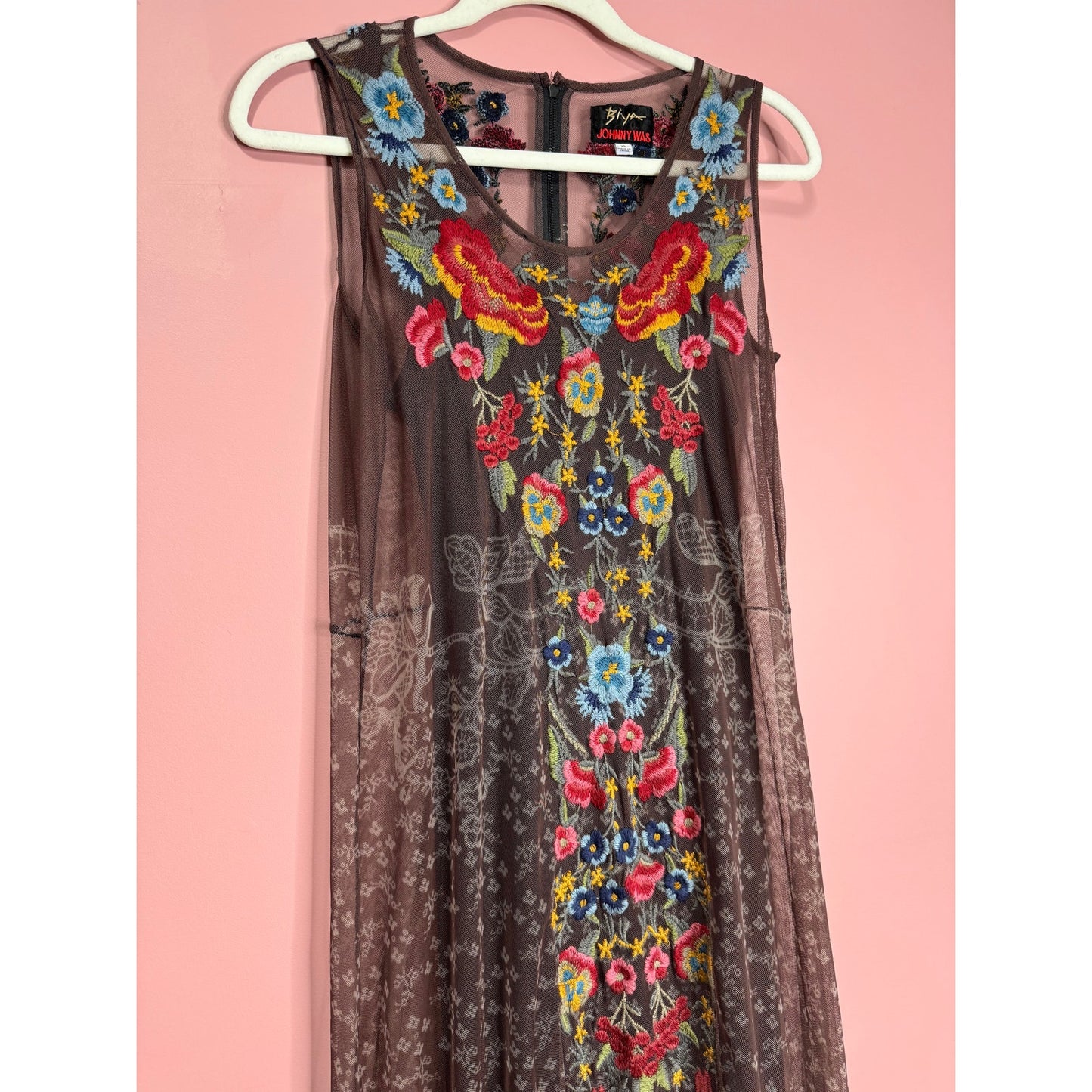 Johnny Was Eleir Printed Mesh Maxi Dress Size XS Floral Sleeveless Embroidered