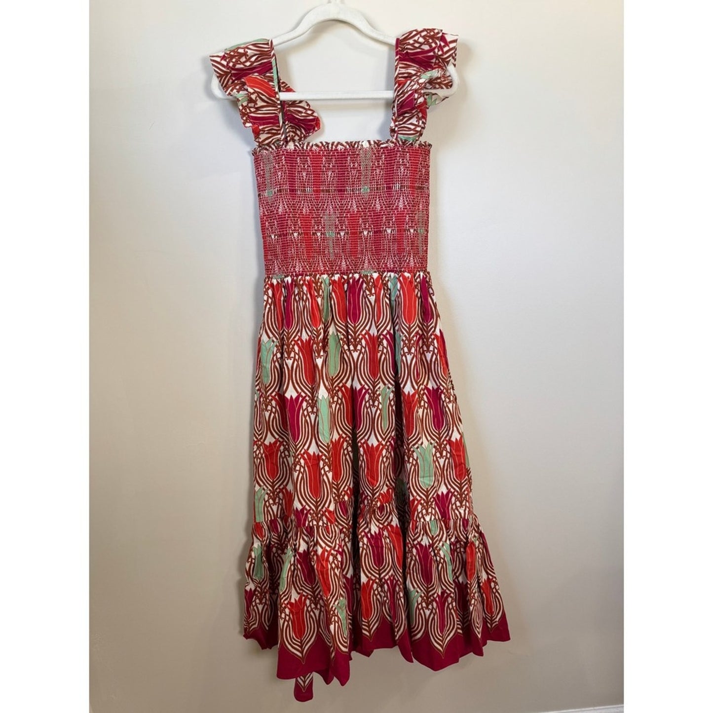 Cara Cara Smocked Midi Dress Red Tulip Print Ruffle Strap Tiered NWT