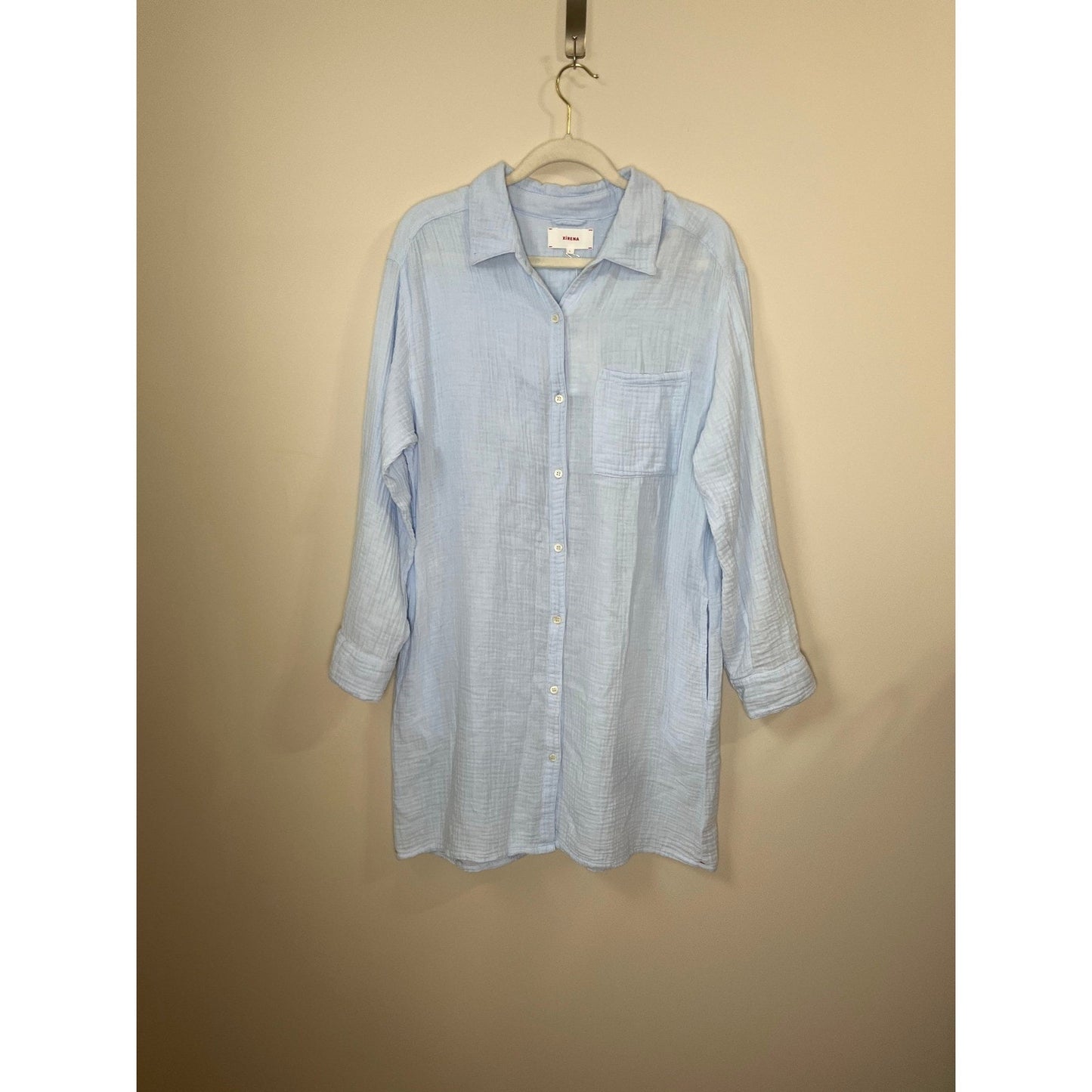 XIRENA Light Blue Gauze Cotton Button Down Shirt Dress Tunic Oversized Large