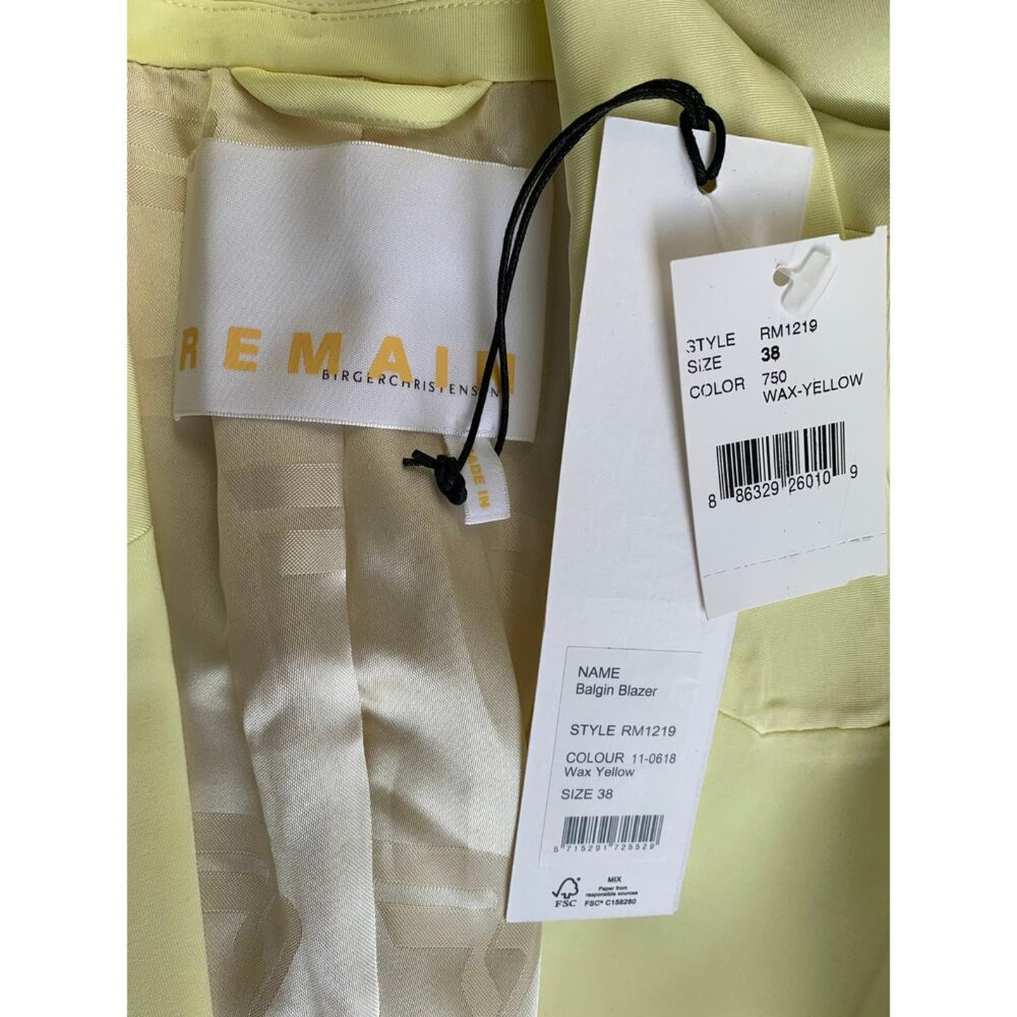 Remain Birger Christensen Balgin Blazer Wax Yellow Size 38 Single Button Pockets