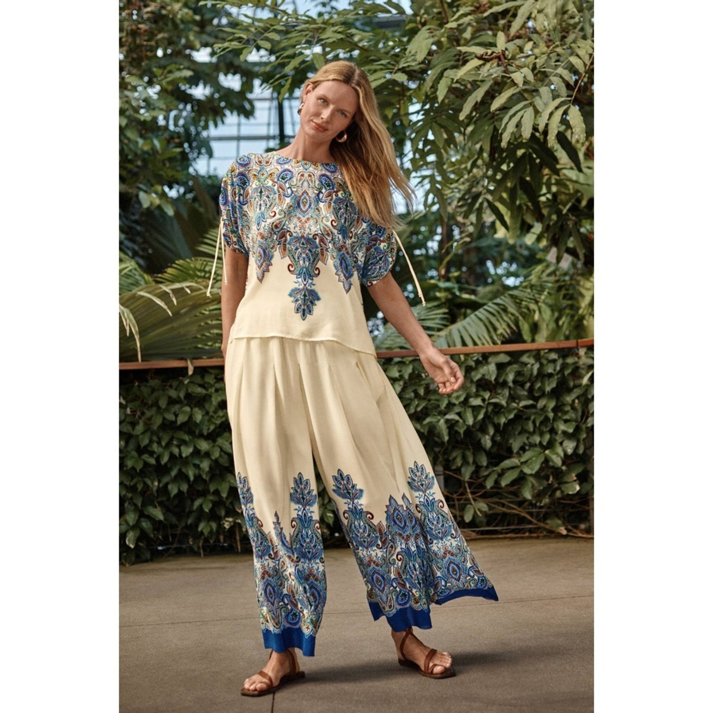 Johnny Was Workshop Cream Paisley Border Print Wide Leg Flowy Boho Pants Size M