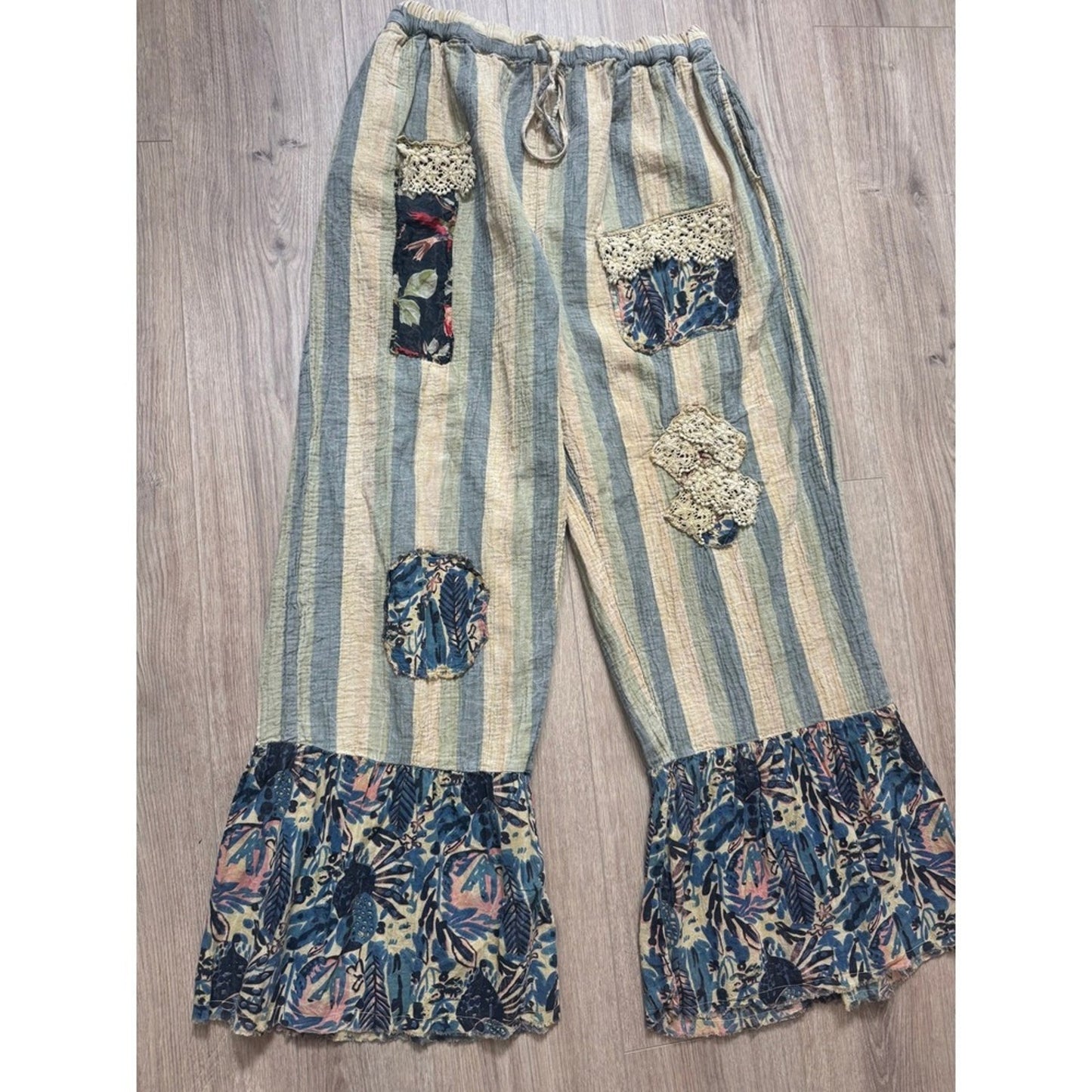 Jaded Gypsy Striped Patchwork Lace Ruffle Wide Leg Pants Blue Cream Boho