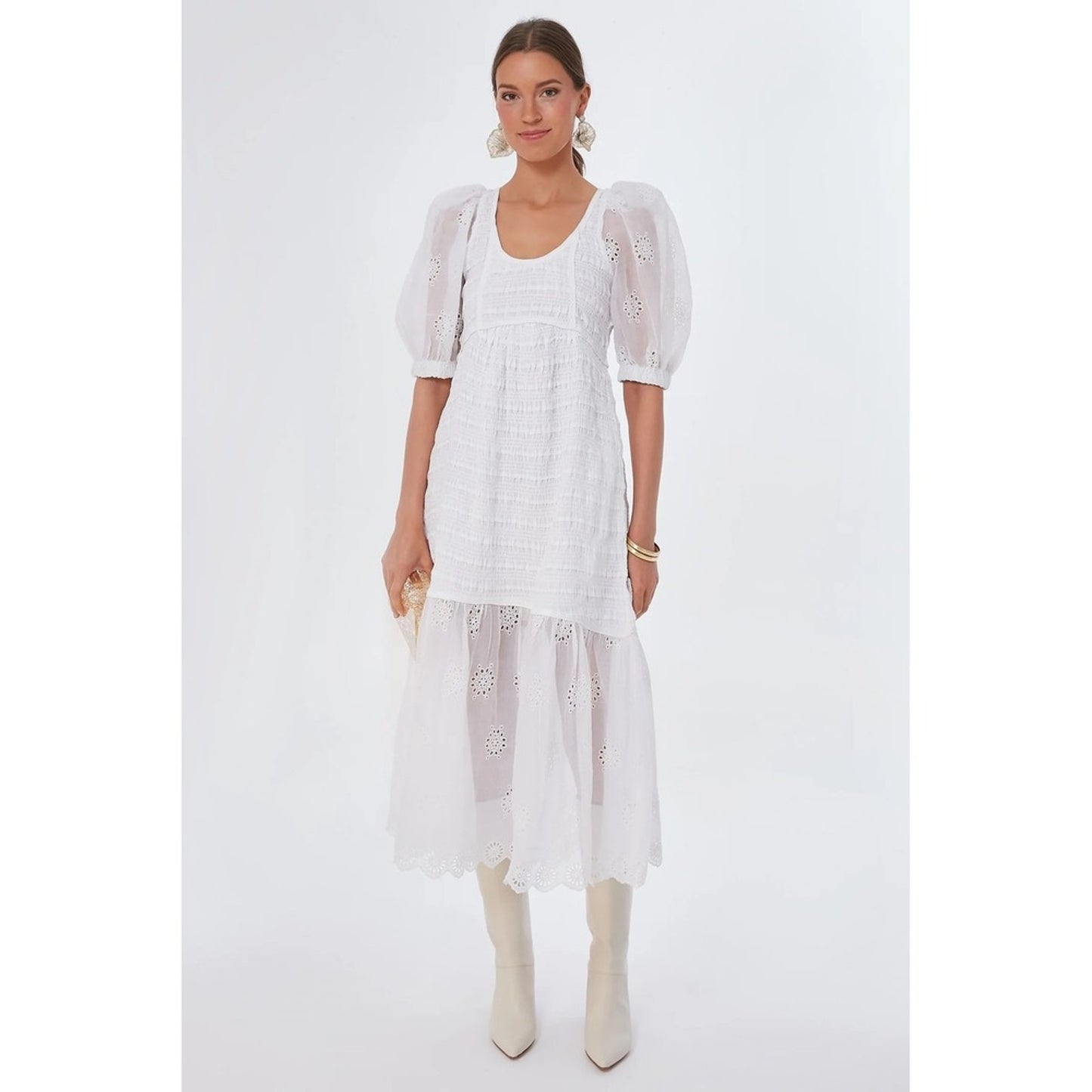 SEA NY White Eyelet Puff Sleeve Smocked Midi Dress