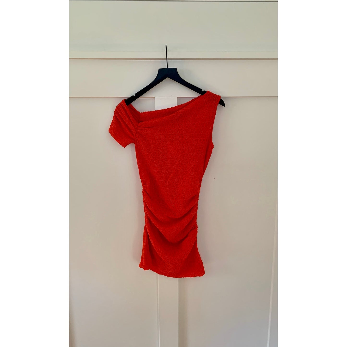 Zara Mini Dress in Red Orange Medium Textured Asymmetrical Party Cocktail Sexy