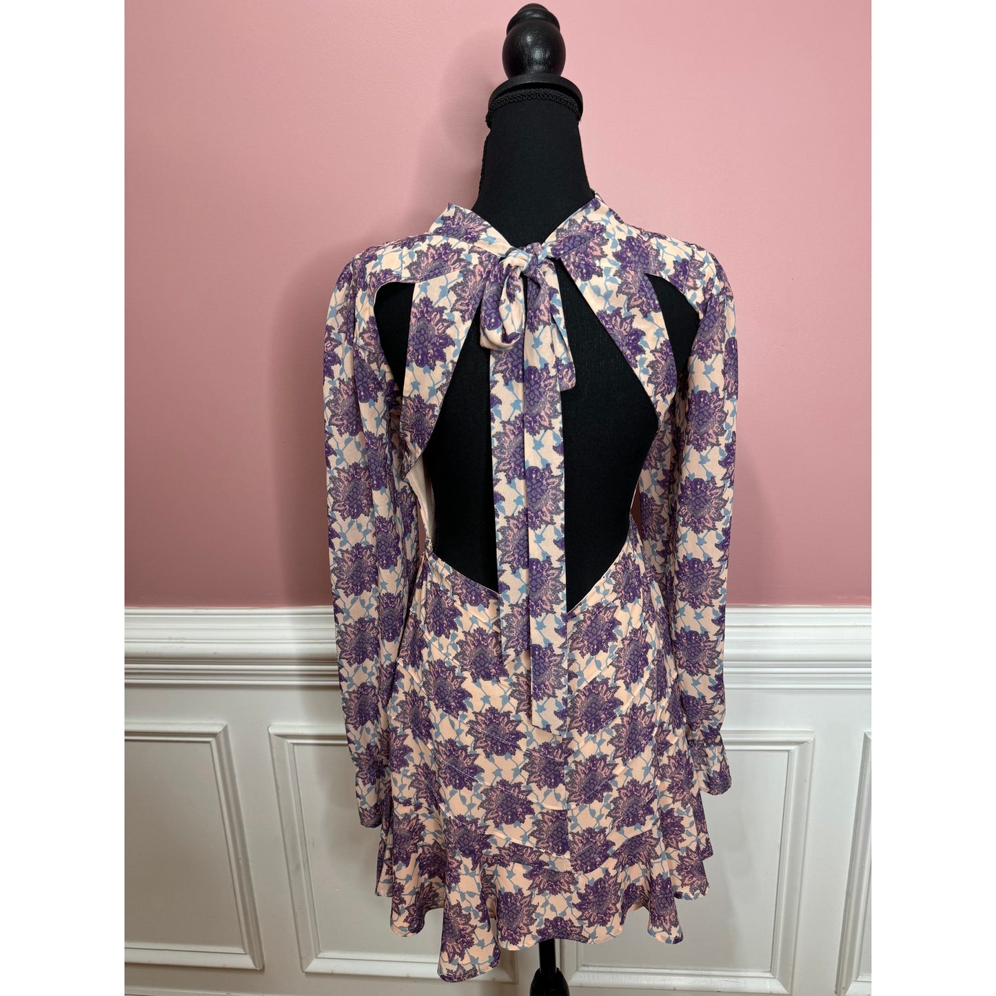 For Love & Lemons Clover Mini Dress in Lilac Print Small Long Sleeve Backless