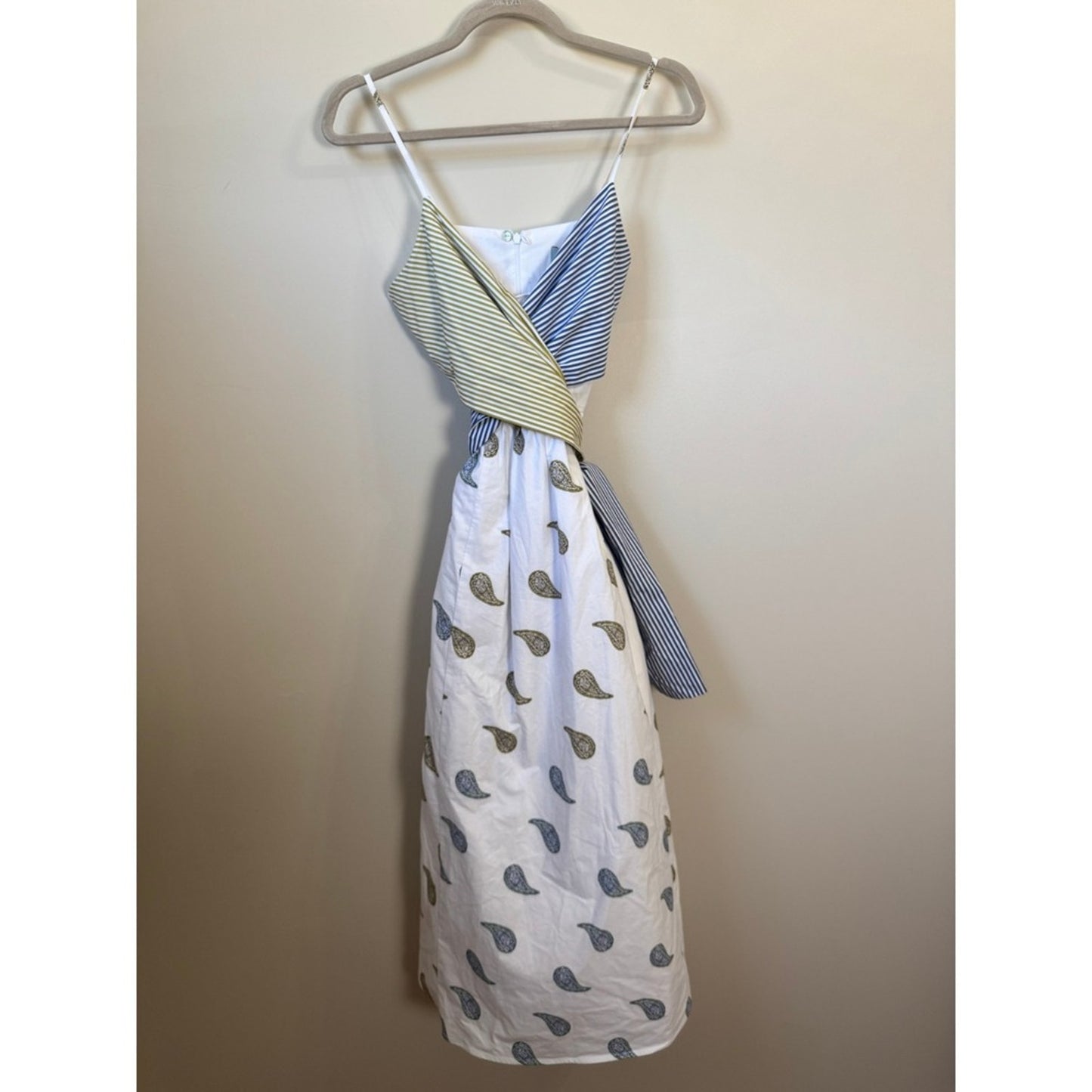 Silvia Tcherassi Mixed Print Paisley Striped Wrap Midi Dress White Blue Olive