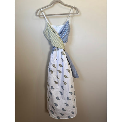 Silvia Tcherassi Mixed Print Paisley Striped Wrap Midi Dress White Blue Olive