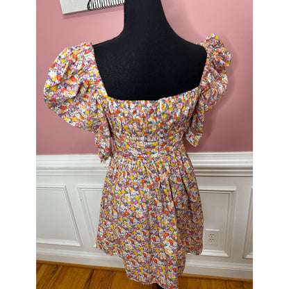 For Love & Lemons Libby Mini Dress in Orange Floral Small Short Sleeve Lined