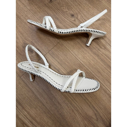 Larroude White Leather Braided Slingback Kitten Heel Sandals Whipstitch Trim