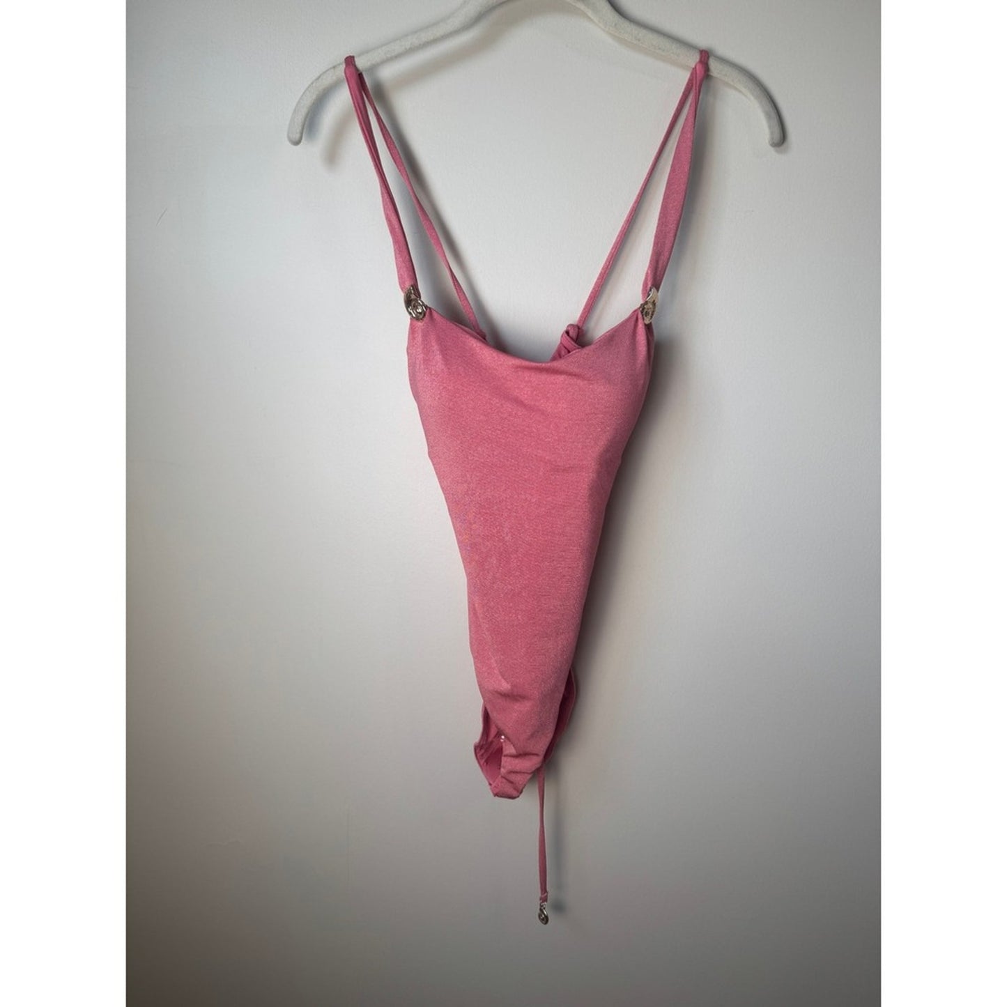 Pink Metallic Shimmer One Piece Swimsuit Lace Up Back Gold Shell Charms High Cut