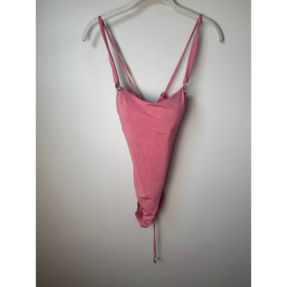 Pink Metallic Shimmer One Piece Swimsuit Lace Up Back Gold Shell Charms High Cut