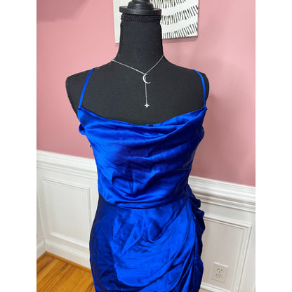 Amanda Uprichard Jasalina Dress in Branson Blue Large Satin Backless Cross Strap