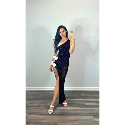 Majorelle x‎ Bridget Julia Bow Gown in Black/White Small One Shoulder Velvet