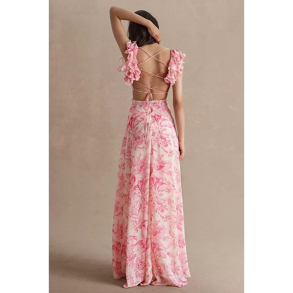 NEW NWT Mac Duggal 9161 Floral Flutter Cap-Sleeve V-Neck Lace-Up Gown Pink Combo Size 8