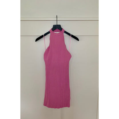Zara Ribbed Halter Dress in Pink Large Mini Backless Knit Sleeveless Party