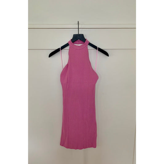 Zara Ribbed Halter Dress in Pink Large Mini Backless Knit Sleeveless Party