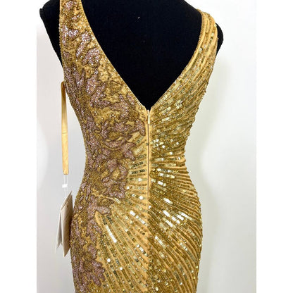 Mac‎ Duggal Gold Sequin Slit Gown Size 2