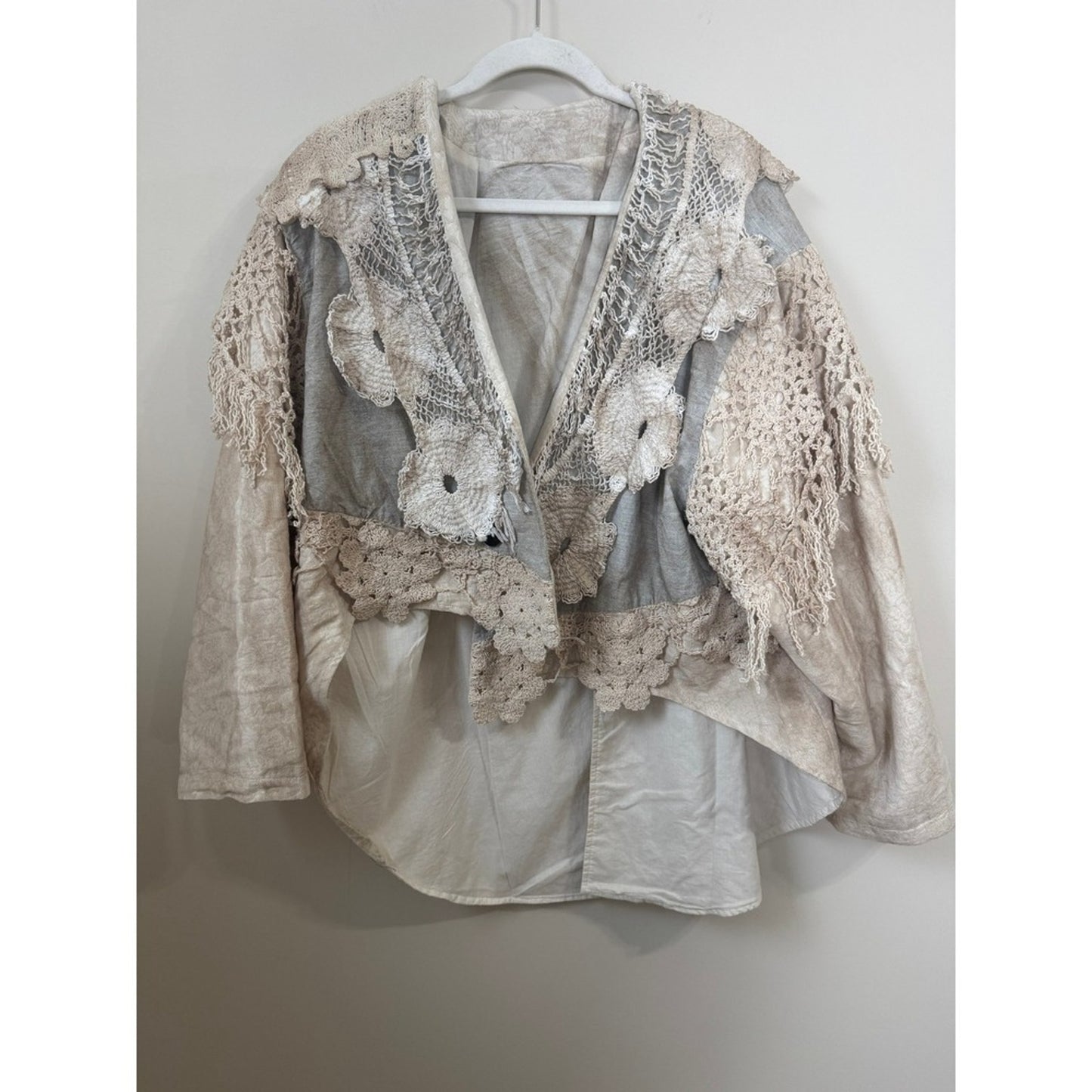 Jaded Gypsy Boho Crochet Lace Fringe Jacket Cream Tan Linen Blend Oversized L/XL