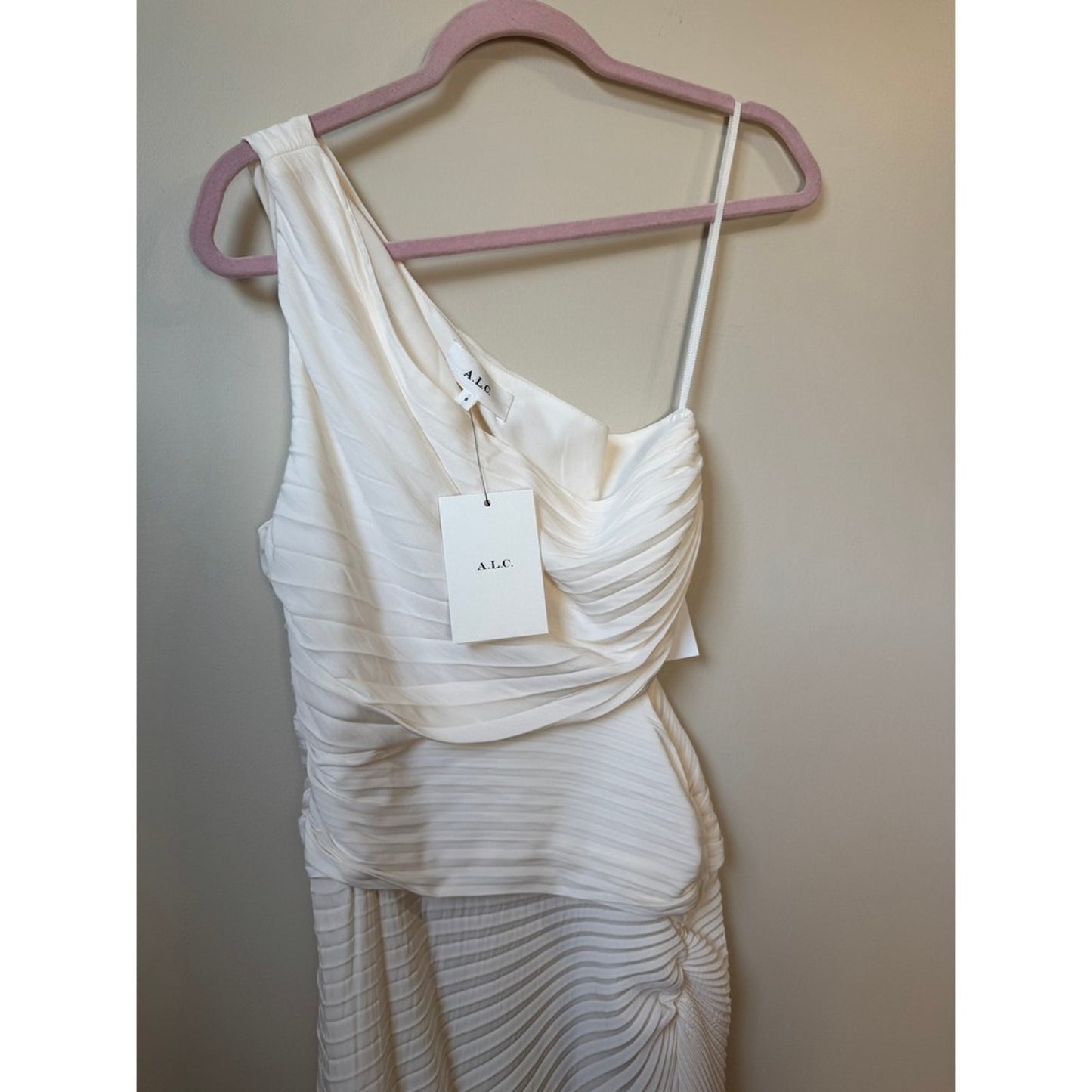 ALC Delfina One Shoulder Pleated Cutout Midi Dress Whisper White Size 8 NEW