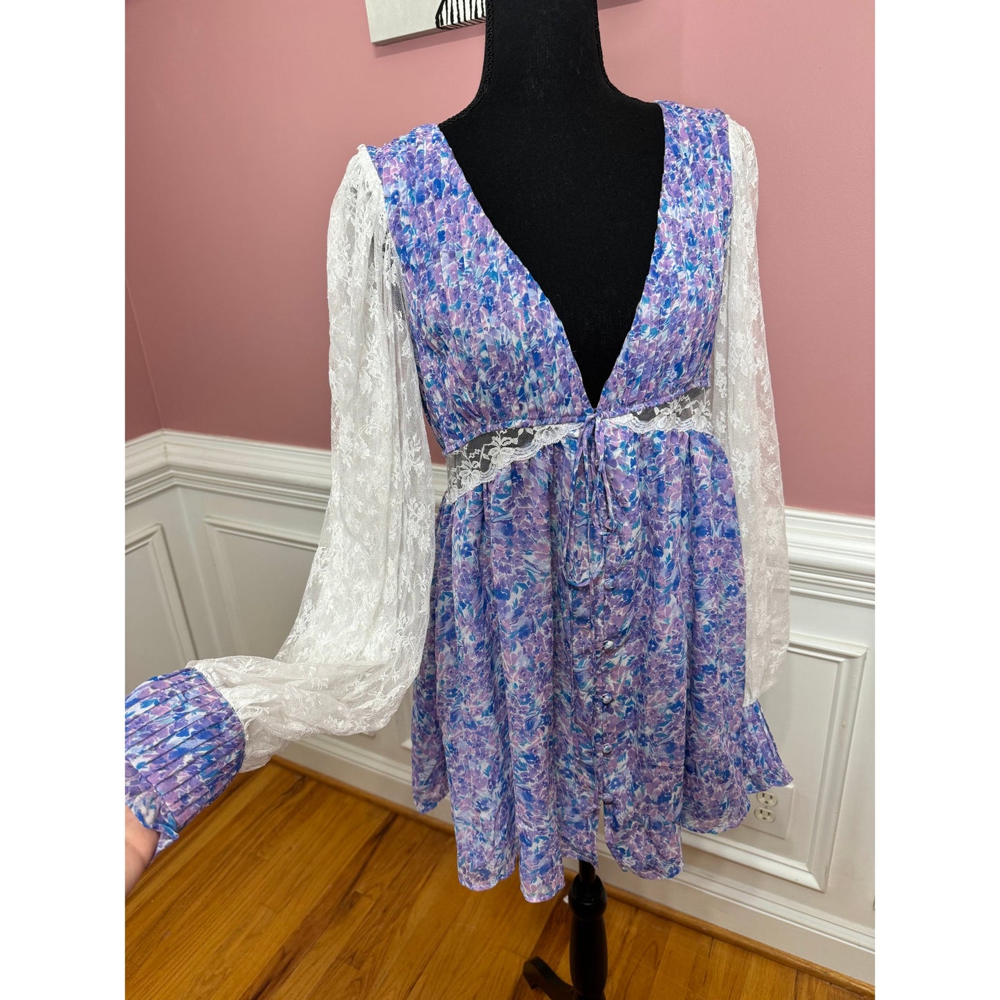 For Love & Lemons April Mini Dress Multicolor Floral Medium Long Sleeve V-Neck
