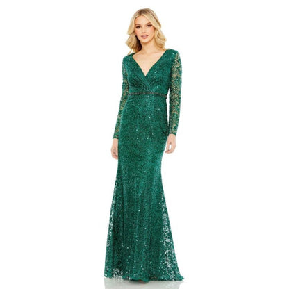NEW NWT Mac Duggal Embellished Wrap Over Long Sleeve Gown Green Style 68016 Size 6