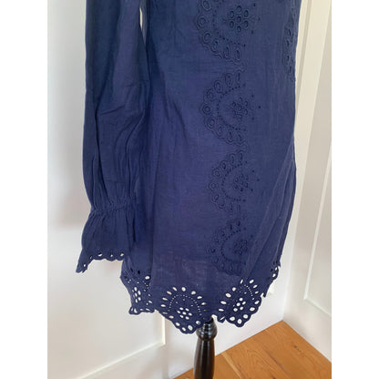 Hill House The Mila Mini Dress in Navy Blue Small One Shoulder Eyelet Linen