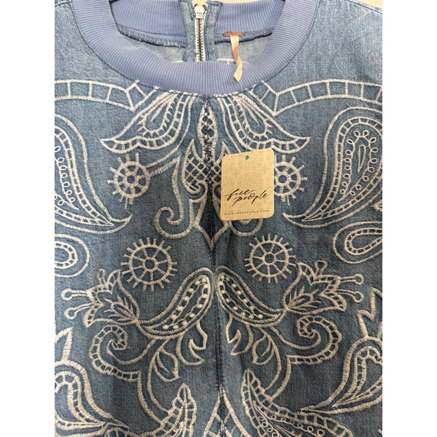 Free People Embroidered Denim Mini Dress Blue Paisley Scalloped Hem NWT