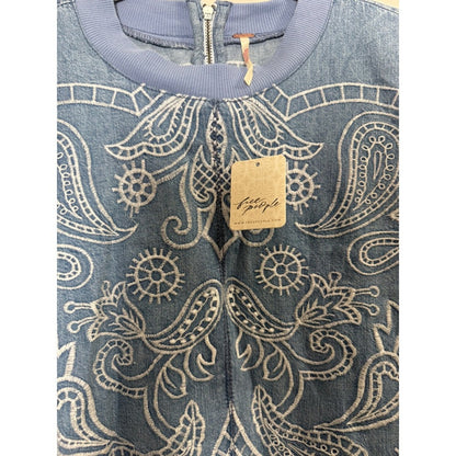 Free People Embroidered Denim Mini Dress Blue Paisley Scalloped Hem NWT