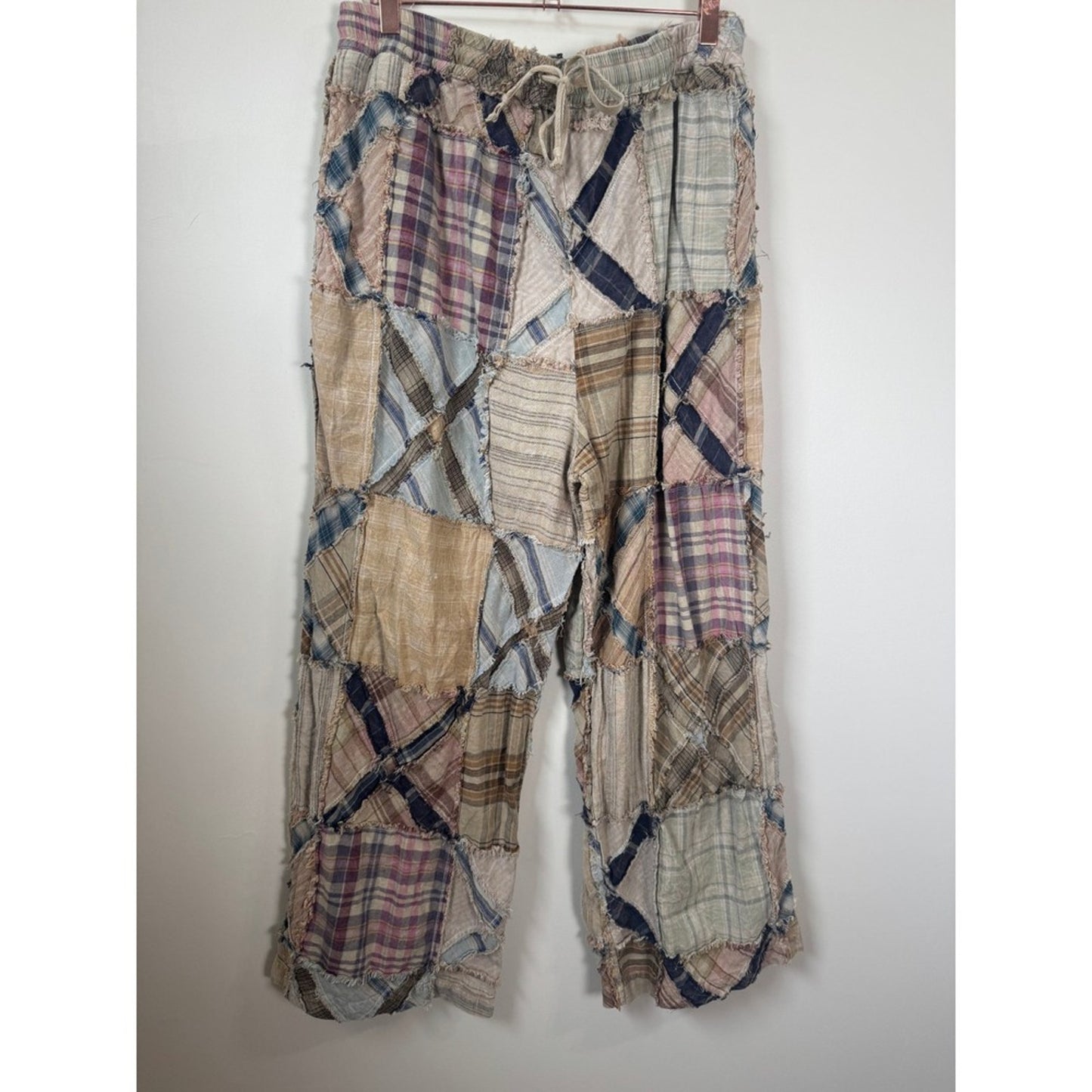 Jaded Gypsy Patchwork Plaid Pants Wide Leg Distressed Drawstring Boho S/M