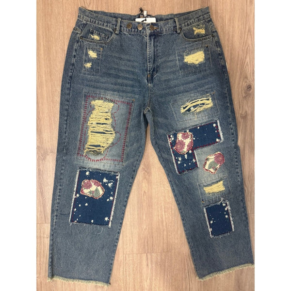 Jaded Gypsy Distressed Patchwork Boho Denim Jeans Medium Wash Straight Leg NEW