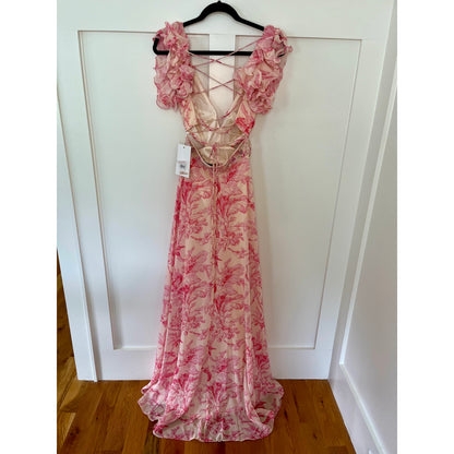 NEW NWT Mac Duggal 9161 Floral Flutter Cap-Sleeve V-Neck Lace-Up Gown Pink Combo Size 8