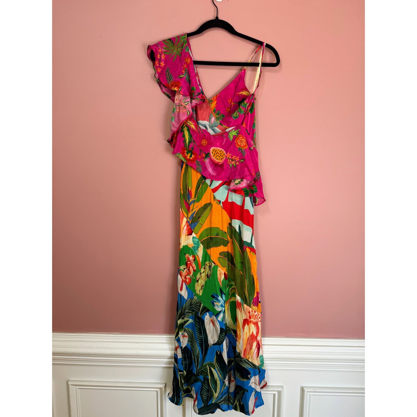 FARM Rio Midi Dress Mixed Flowery Ruffle One Strap Size XS Floral Summer Party