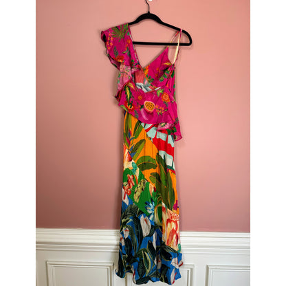 FARM Rio Midi Dress Mixed Flowery Ruffle One Strap Size XS Floral Summer Party