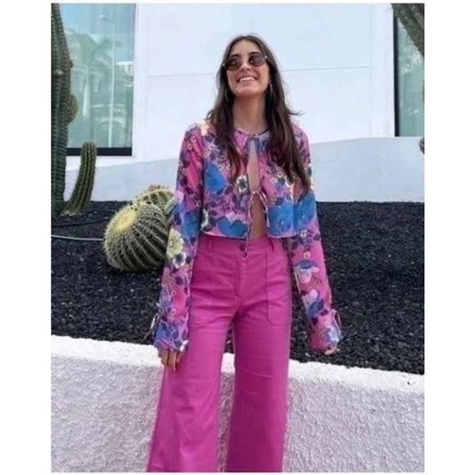 Zara Tie-Front Floral Print Satin Effect Top Size Large