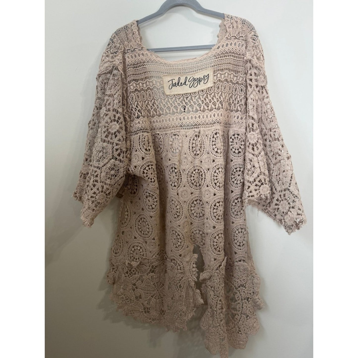 Jaded Gypsy Crochet Lace Kimono Cardigan Beige Boho Front Tie Bell Sleeve O/S