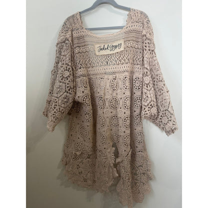 Jaded Gypsy Crochet Lace Kimono Cardigan Beige Boho Front Tie Bell Sleeve O/S