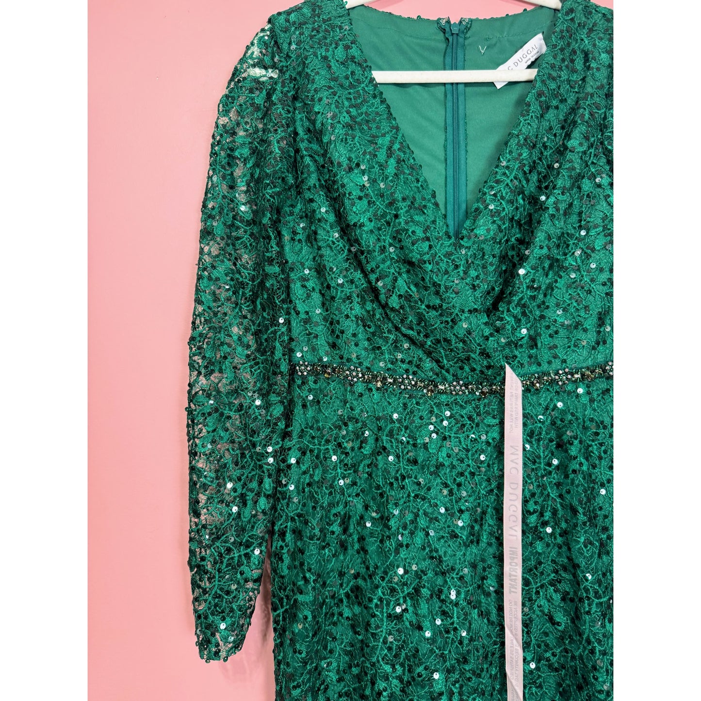 NEW NWT Mac Duggal Embellished Wrap Over Long Sleeve Gown Green Style 68016 Size 6