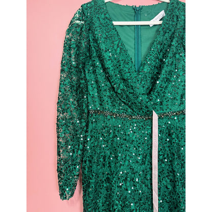 NEW NWT Mac Duggal Embellished Wrap Over Long Sleeve Gown Green Style 68016 Size 6