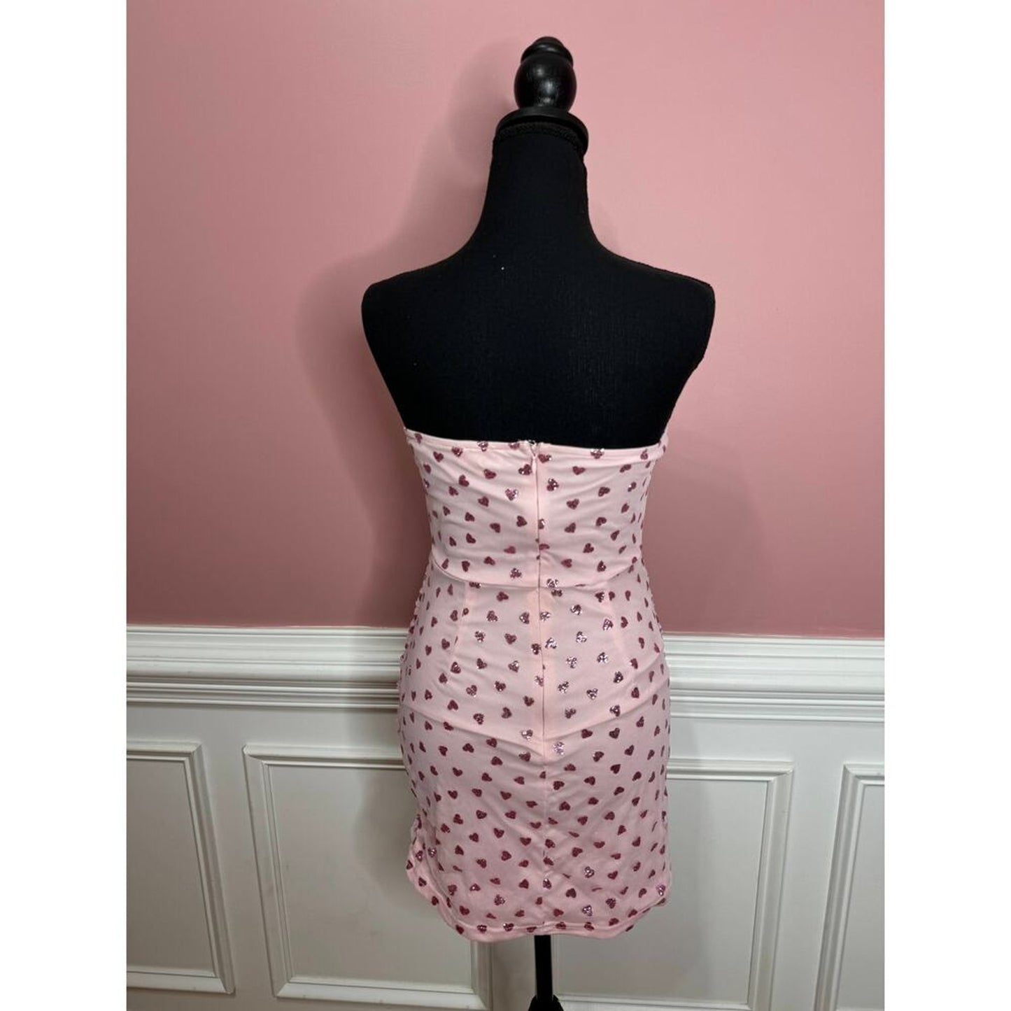 Superdown Fifi‎ Mesh Mini Dress in Pink Hearts Glitter Size Small Zip Back Lined