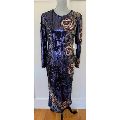 Mac Duggal Metallic Floral Midi Sequin in Midnight Dress Size 8 Long Sleeve