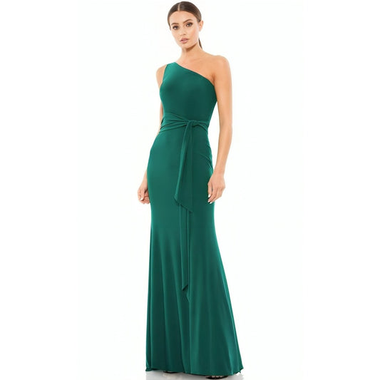 MacDuggal Ieena One Shoulder Jersey Gown in Green Size 8 Maxi Sheath Belted