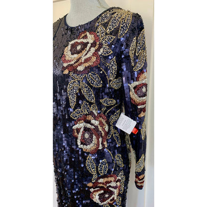 Mac Duggal Metallic Floral Midi Sequin in Midnight Dress Size 8 Long Sleeve