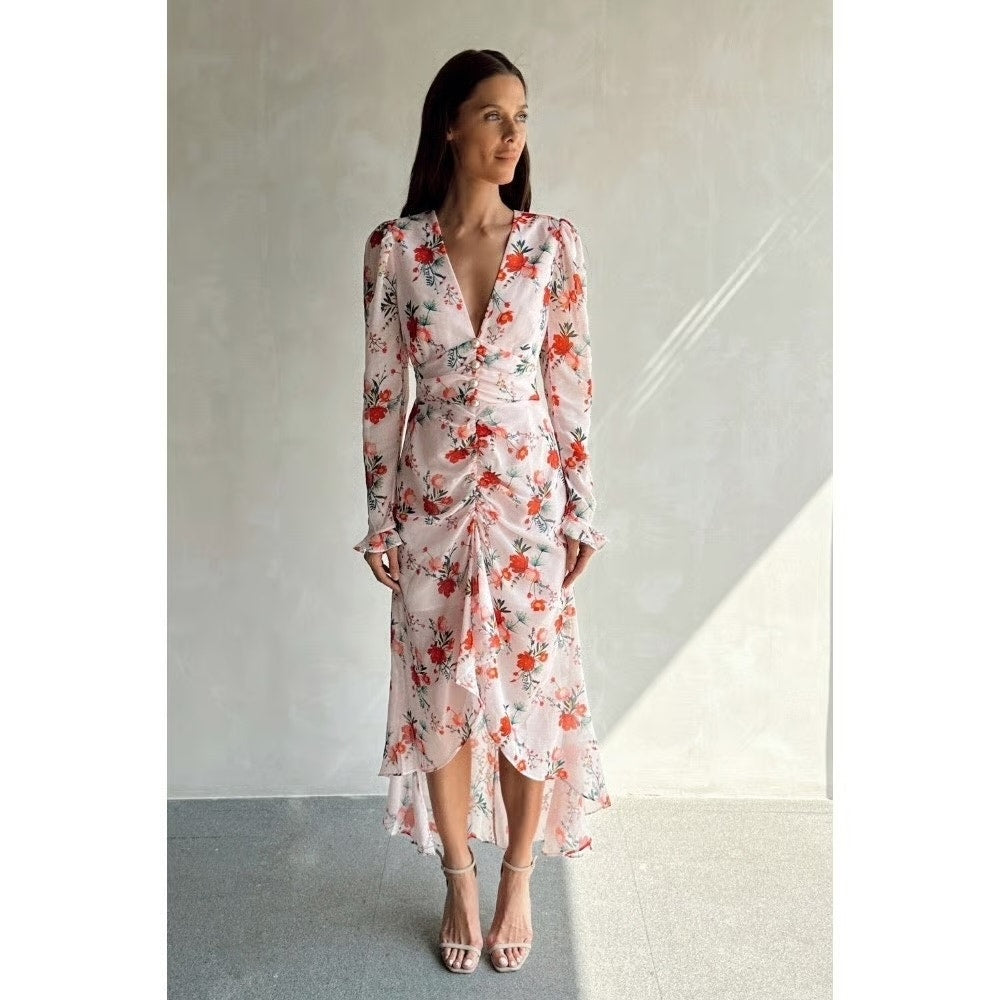 Sau Lee Ciara Floral Pink Ruffle Hi-Low Midi Dress Size 4
