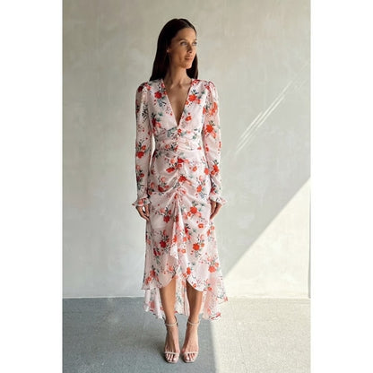Sau Lee Ciara Floral Pink Ruffle Hi-Low Midi Dress Size 4