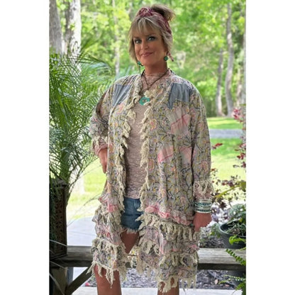 Jaded Gypsy Floral Patchwork Peace Sign Boho Duster Cardigan Blue Pink Fringe