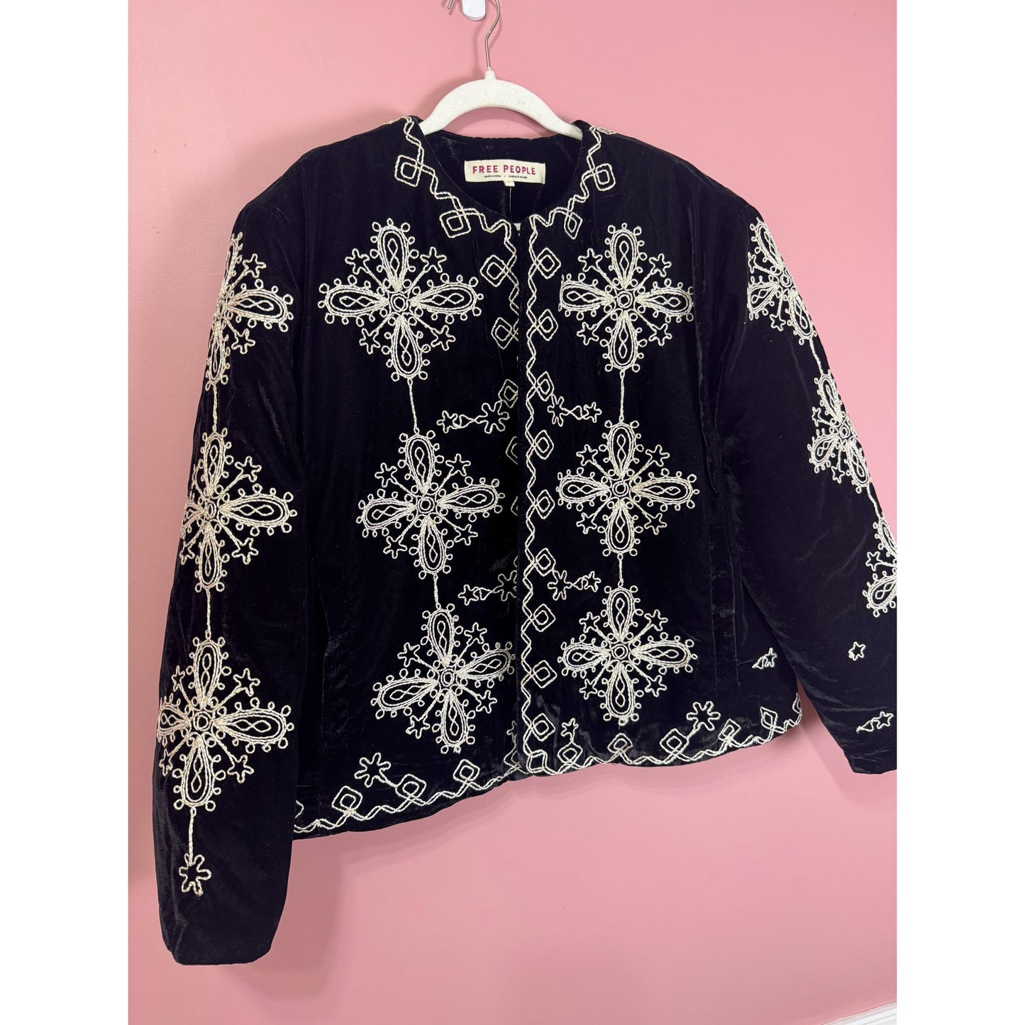 Free People Mia Embroidered Jacket Black Velvet Size Large